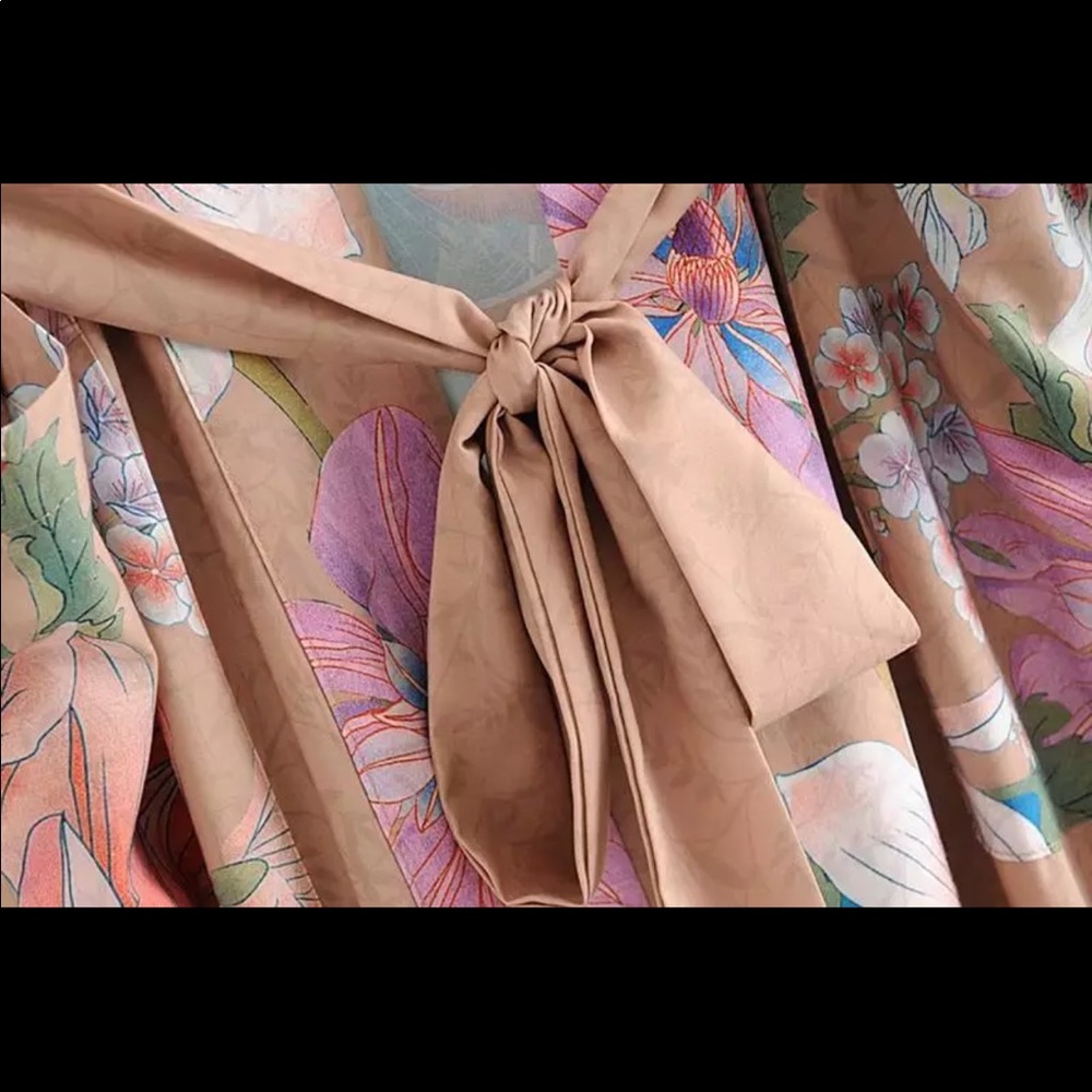 Boho Gypsy Floral Print Maxi Kimono Tan Peacock - Picture 8 of 8